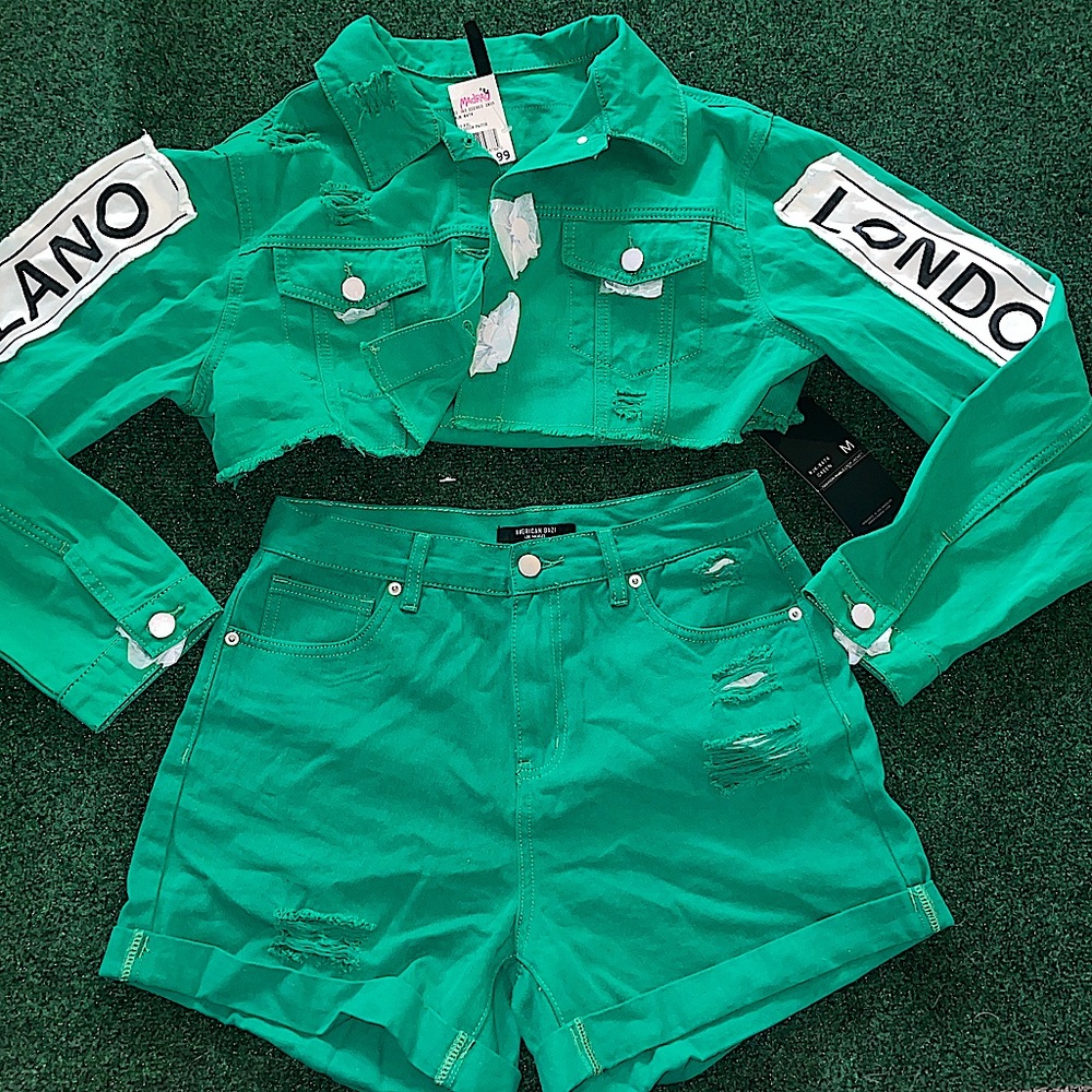 Green Jean Shorts Set